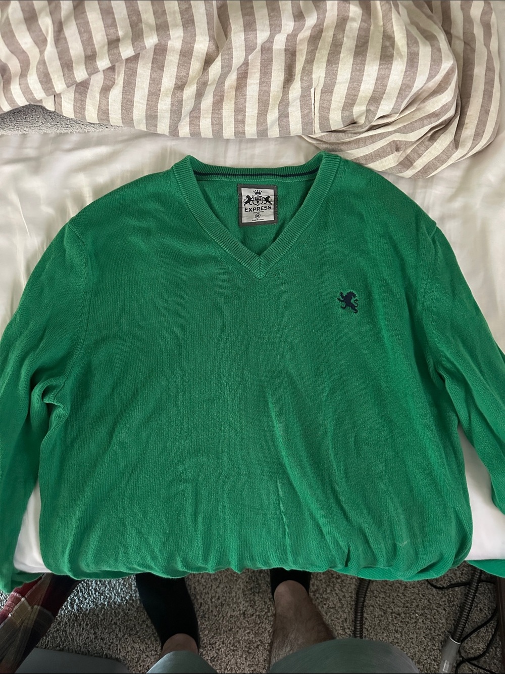 Express Men's V-Neck Sweater in Bright Green with Navy Logo